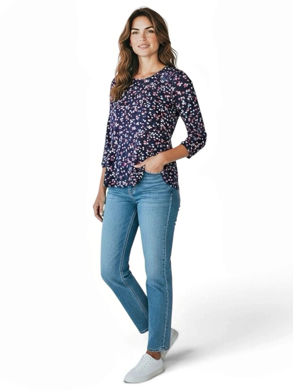 Jones New York Floral 3/4 Sleeve Blouse in Blue & Pink Size Medium